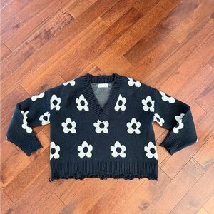 Altar'd State Black V-Neck Floral Knit Sweater with Cream Flowers